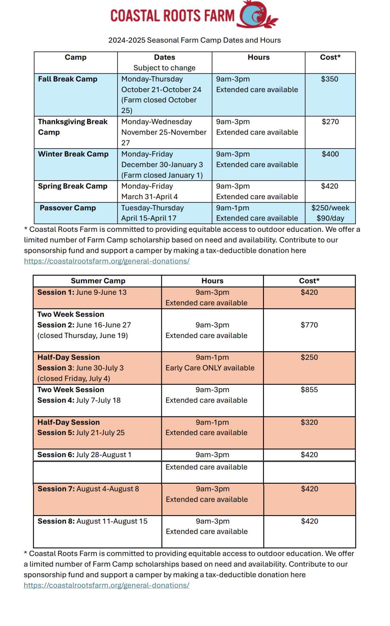 Coastal Roots Farm - Camp Dates